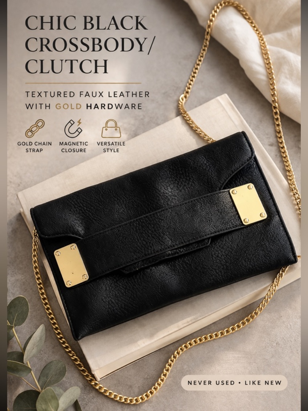 Chic black textured faux leather crossbody/clutch bag with gold hardware ✨